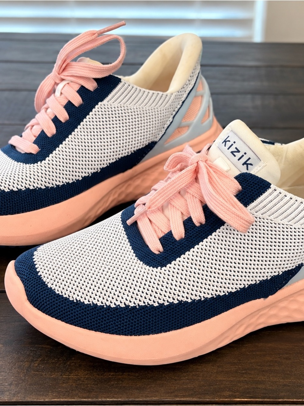 Kizik Women’s Pink and Navy Knit Slip-On Sneakers